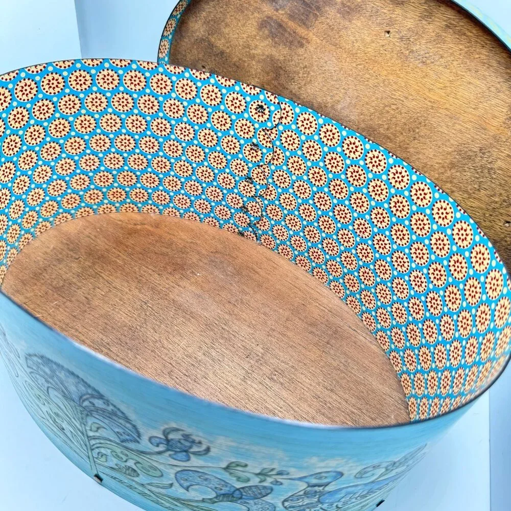Hand-Painted Wilton-Lee Ltd. Blue Oval Bentwood Box Folk Art Angel Floral Vtg
